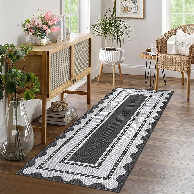 GarveeHome Hallway Runner Rug 2x6 Washable Modern Neutral Area Rug, Non Slip Low Pile Border Kitchen Mats for Floor, Contemporary Stain-Resistant Soft Accent Carpet for Bedroom, Entryway, Black Grey