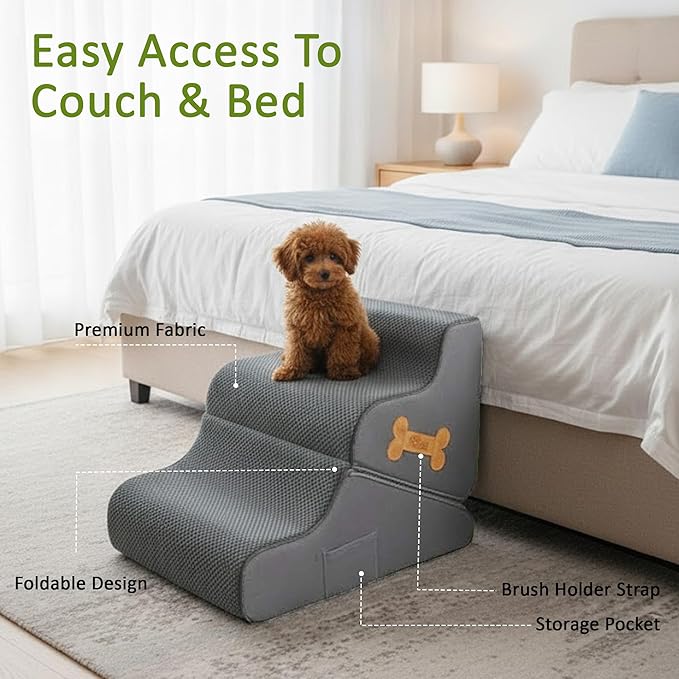 Dog Stairs for Bed & Couch – BuddyRamp 2-in-1 Foldable Dog Stairs and Ramp, 3-Step Pet Stairs Converts to Gentle Ramp, Non-Slip Soft Foam Steps for Small Dogs & Senior Pets