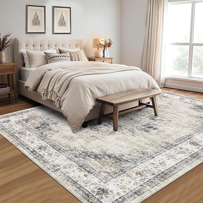 GarveeHome Bedroom Area Rug 5x7 Vintage Distressed Living Room Area Rug Non Slip Low Pile Large Dining Room Rug Soft Medallion Throw Floor Carpet Machine Washable Rugs for Home Office, Sage