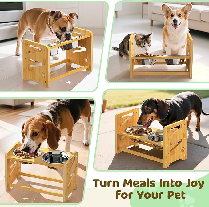 Elevated Dog Bowls, 4 Height Adjustable Raised Dog Bowl Stand with 2 Stainless Steel Bowls for Large, Medium and Small Dogs and Cats, 11" High Bamboo Pet Food Feeder