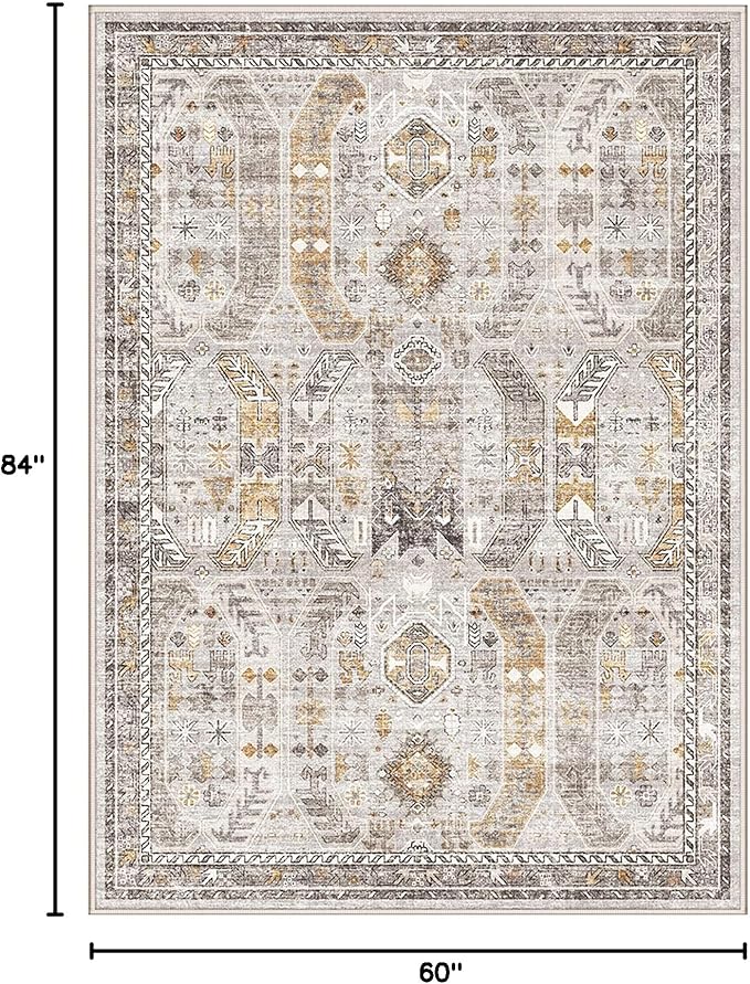 5x7 Area Rugs for Living Room,Stain Resistant Washable Rug,Non-Slip Backing Rugs for Bedroom,Kitchen,Printed Vintage Home Decor Rug (Brown/Gold, 5'x7')