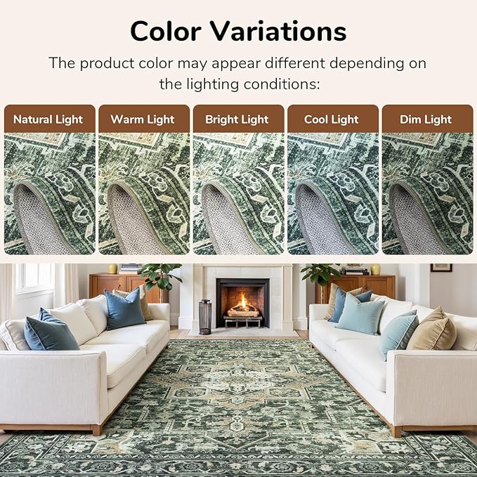 Lessymo 5x7 Washable Area Rugs for Living Room, Soft Green Boho Rug for Bedroom Kitchen Dining Room, Vintage Carpet Non Slip Low Pile Rug Stain Resistant for Nursery Home Office Indoor, Green/Yellow