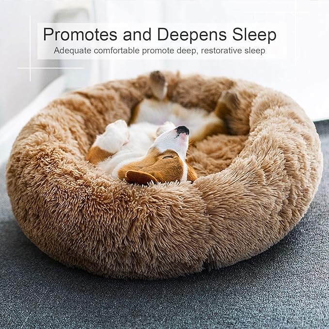 Dog Bed, Cat Calming Bed, Faux Fur Pillow Pet Donut Cuddler Round Plush Bed for Large Medium Small Dogs and Cats (Camel, 44.0" L x 44.0" W x 7.0" Th)