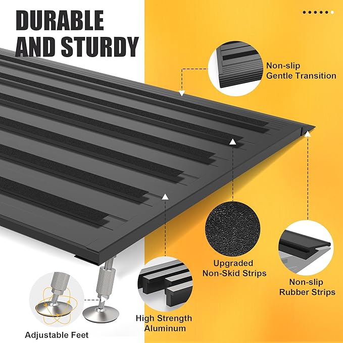 Threshold Ramp for Doorways,Adjustable Height 2.6"-7.3" Aluminum Wheelchair Ramp with Heightening Screws and Swivel Angle Leg,1100lbs Load Capacity, 30"x36'' Curb Ramp for Trolley,Power Chairs