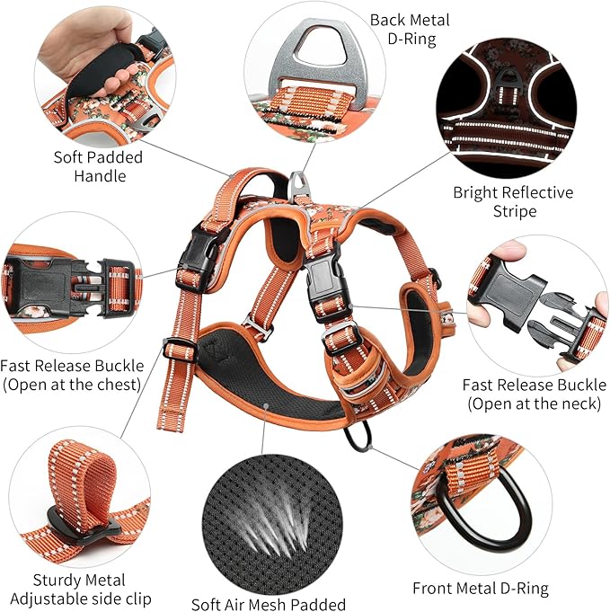 Timos Dog Harness for Medium Dogs, No Pull Service Vest with Reflective Strips and Control Handle,No Choke Dog Harness with 2 Metal Rings for Easy Walking,Outdoor Training,Flower Orange, M