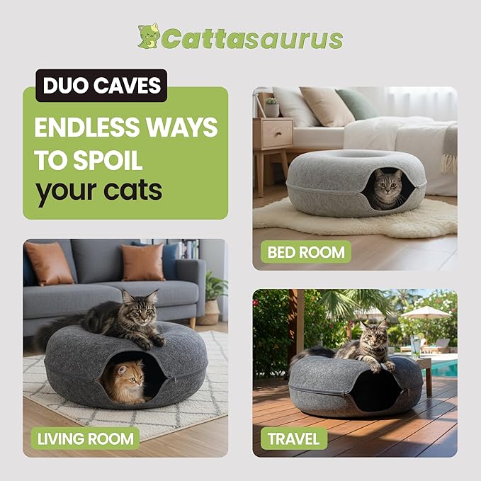Cattasaurus Peekaboo Cat Cave Duo Jumbo Set, Extra Spacious Cat Donut for Multiple & Large Kitty 15+ lbs, Scratch Detachable Cat Beds for Indoor Cats, Washable Cat Tunnel Bed, Best Kitten Toys