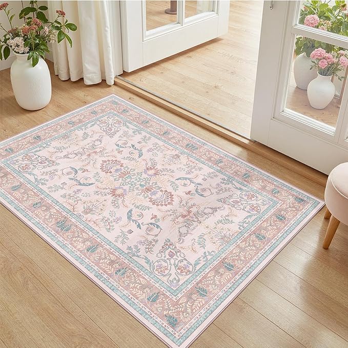 DCX Pink Floral 2x3 Entryway Rug, Machine Washable Soft Non Slip Vintage Floral Rug for Kitchen, Bedroom, Laundry, Bathroom