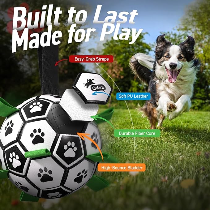 QDAN Large Dog Toys, 8 Inch Soccer Ball for Dogs with Straps, World Cup Interactive Toys for Tug of War, Puppy Birthday Gifts, Water Toy, Durable Dog Balls for Medium Large