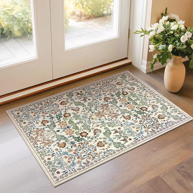 Floral Entryway Washable Rug: 2x3 Soft Low Pile Thin Indoor Front Door Mat, Non Slip Stain Resistant Vintage Flower Boho Accent Small Rugs for Bedroom, Kitchen, Bathroom, Nursery Entrance - Beige