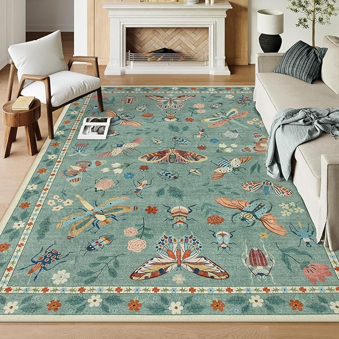 Lahome Insect 8x10 Area Rugs, Soft Washable Rugs 8x10 Living Room Green Rugs for Bedroom Dining Room, Ultra-Thin Modern Rug Stain Resistant Large Carpet for Kids Nursery (8'x10',Green)