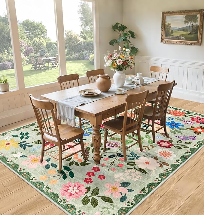6x9 Area Rugs for Living Room: Floral Washable Rug Vintage Large Soft Boho Non-Slip Carpet Indoor Stain Resistant Thin Carpets for Bedroom Dining Room Farmhouse Nursery Hallway Home Office Green