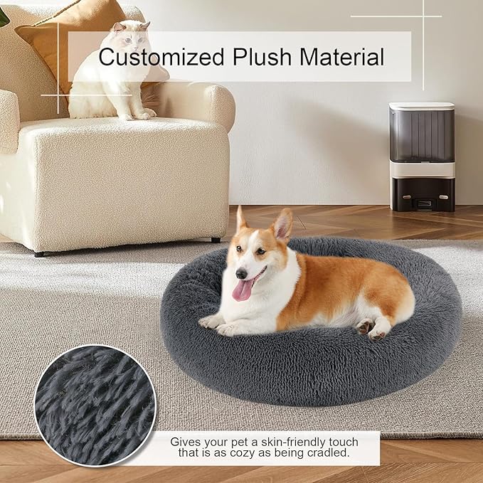 Dog Bed, Cat Calming Bed, Faux Fur Pillow Pet Donut Cuddler Round Plush Bed for Large Medium Small Dogs and Cats (Dark Grey, 44.0" L x 44.0" W x 7.0" Th)