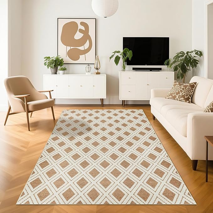 LBRO2M Checkered Rug 5X7 Washable Rugs for Living Room Bedroom Non Slip Rugs Easy Clean, Soft Low Piles Stain Resistant Carpet Geometric Area Rug Great for Pets and Family (5'X7' Brown)