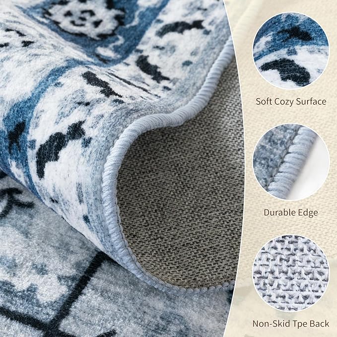 LBRO2M Boho Area Rug 6X9 for Bedroom Low Piles Indoor Rug, Non Slip Soft Carpet for Living Room, Dining Room, Blue Rug Foldable Pet Friendly Area Rugs Stain Resistant (6'X9' Blue)