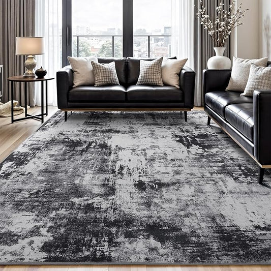 Rugflix 8x10 Area Rugs for Living Room, Washable Large Rug Stain-Resistant Low Pile, Modern Dark Carpet for Dining Room Home Office Kid Room Nursery Bedroom, Black Grey