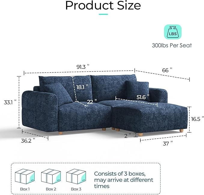 LINSY HOME Cloud Couch Sectional, Modular Sofa Sectionals for Living Room Bedroom, 91" L Shape Love Seat Couch with Ottoman, 2 Seater Deep Seat Cozy Couch Luxury Chenille Sofas, Blue