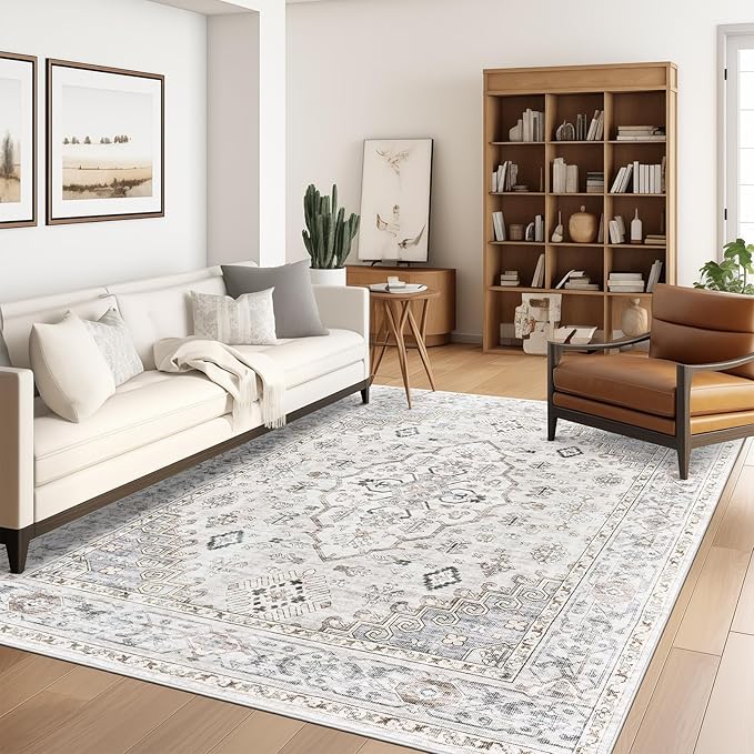 5x7 Area Rugs for Living Rooms, Stain Resistant Neutral Washable Rugs for Dining Rooms, Floral Vintage Non-Slip Thin Large Size Area Rug(Light Grey)