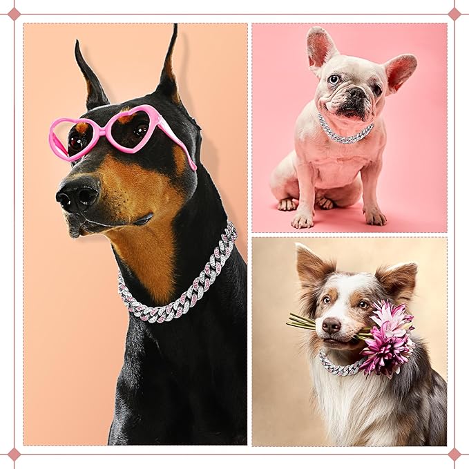 LEIFIDE Dog Chain Collar Diamond Link Puppy Collar 12 mm Wide Dog Necklace Metal Cat Chain Pet Crystal Necklace Jewelry Accessories for Small Medium Large Pet(8 Inch,Silver, Pink White)