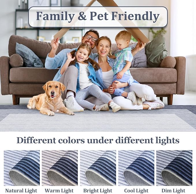 GarveeHome Washable Rug 8x10 Living Room Rugs, Modern Neutral Bordered Rug for Dining Room Solid Non Slip Low Pile Pet Friendly Large Carpet for Farmhouse Apartment Bedroom Dorm Blue