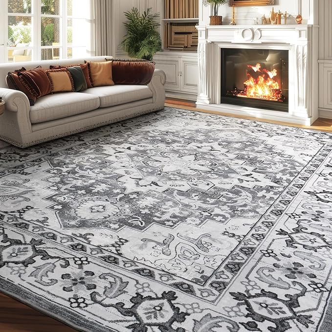 Lessymo Area Rugs 9x12 Living Room- Large Area Rug Machine Washable Area Rug for Bedroom Living Room, Vintage Rugs Boho Floral Medallion, Non-Slip Rubber, Low Pile, Kid & Pet Friendly, Grey White