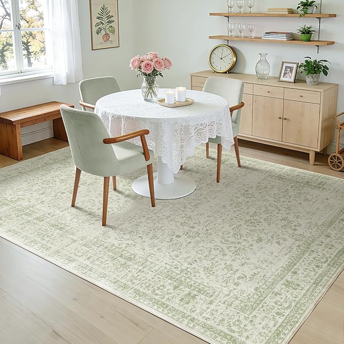 Sage Green Rug 5x7 Baby Girl Nursery Decor Neutral Boho Floral Pattern Distressed Design Washable Soft Cottagecore Area Rugs for Living Room Bedroom Light Green Low Pile No Slip Carpet 5 x 7