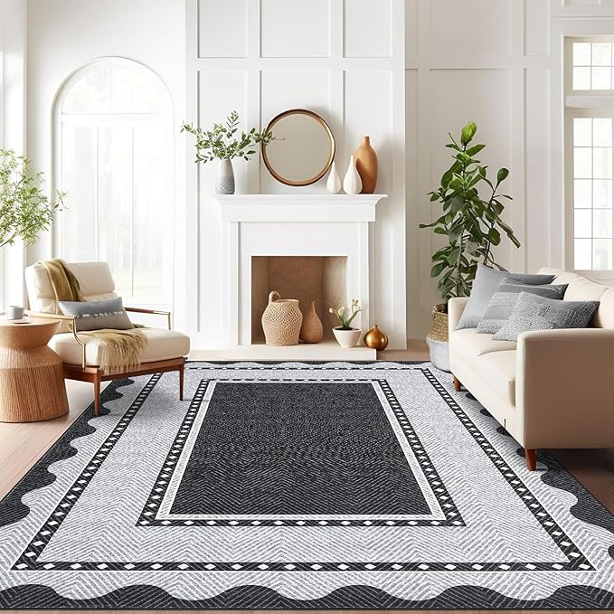 GarveeHome Washable 8x10 Area Rugs with Non Slip Backing, Large Solid Rugs for Living Room Bedroom, Modern Border Neutral Soft Carpet, Stain-Resistant Floor Mats for Nursery, Home Decor, Black Grey