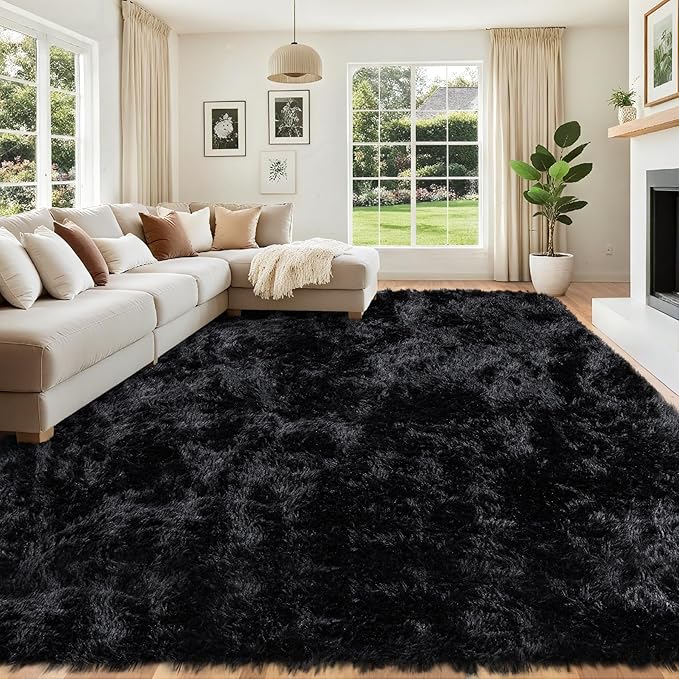 8x10 Area Rug for Living Room: Ultra Soft Fluffy Rug Modern Large Thicked Shag Rug for Bedroom Non Slip Indoor Fuzzy Carpets for Girls Kids Room Nursery Dorm Home Decor Black