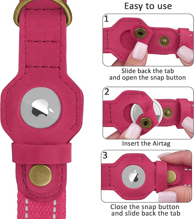 Reflective Leather Dog Collar with AirTag Holder - Soft Apple Airtag Dog Collar with Metal Buckle - Safety Cotton Pet Collars for Dogs Small Large Dogs Puppy (Pink, M, 14"-18")