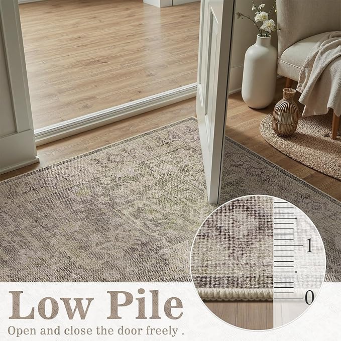 DCX Washable 9x12, Kid & Pet Friendly with Rubber Back Non Slip, Stain Resistant Vintage Rug for Living Room, Bedroom, Home Office, Soft Low Pile Large Farmhouse Distressed Carpet, Greige