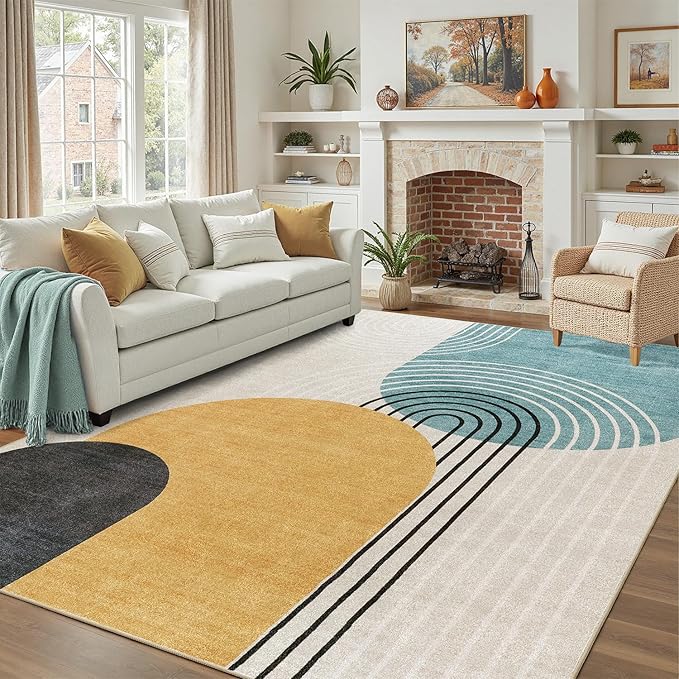 DCX Machine Washable Area Rug 9x12, Mid Century Modern Non Slip Stain Resistant Rug 9x12 for Living Room, Playroom, Dining Room, Soft Low Pile Large Carpet, Blue & Yellow