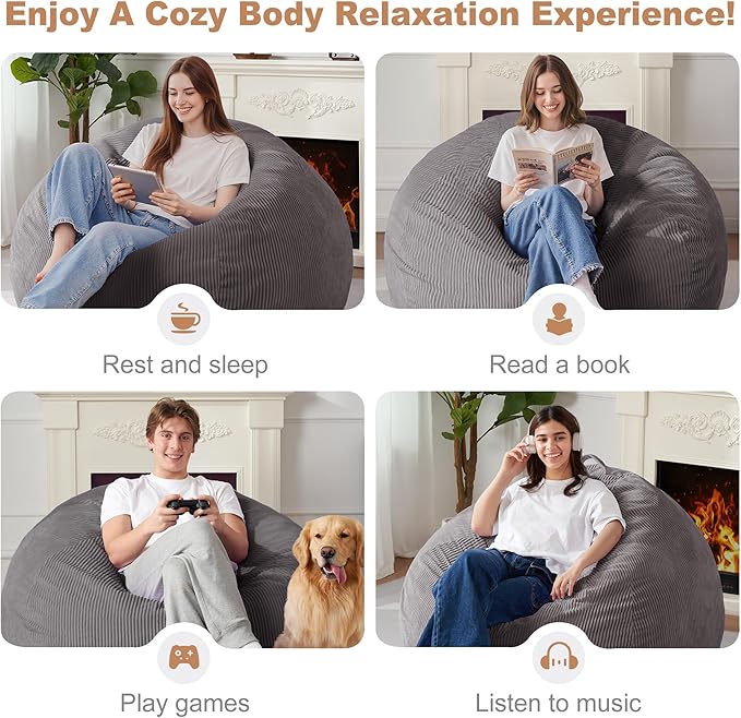Homguava 5FT Bean Bag Chair for Adults,Teardrop Giant Bean Bags Big Beanbag Chair with Memory Foam Filled and Ultra Soft Removable Corduroy Cover for Living Room, Bedroom (Grey)