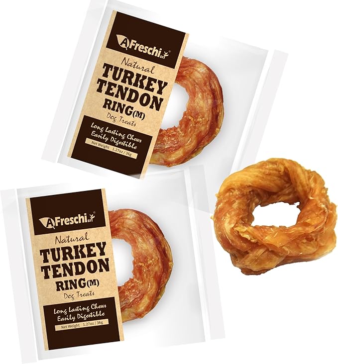 A Freschi srl Turkey Tendons for Dogs, Long-Lasting, Hypoallergenic Rawhide Alternative, Human Grade, Healthy Puppy Chews, Natural Dog Treats for Medium Dogs, Ring (M), 2 Count Pack