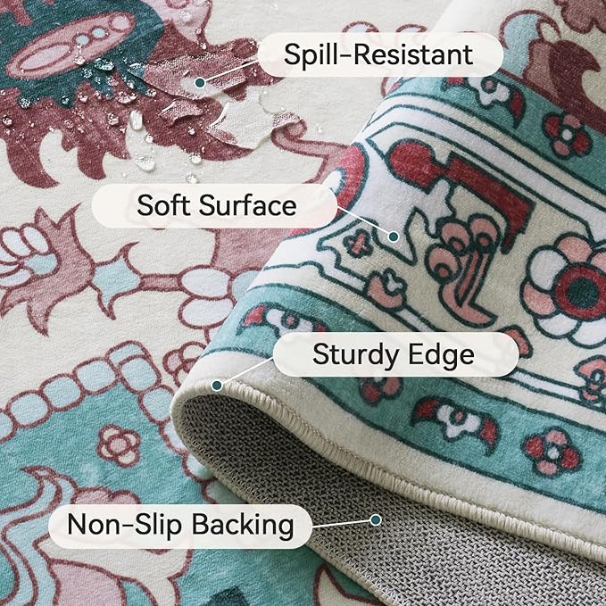 5x7 Area Rugs, Vintage Washable Area Rug for Living Room, Floral Boho Area Rugs for Bedroom, Office, Non-Slip Colorful Rug, Traditional Vintage Style, Plush Low-Pile Soft Carpet, Light Blue