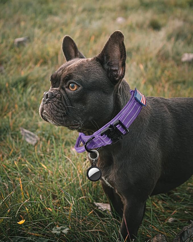 AUBELL Reflective Tactical Dog Collar,Adjustable Military Heavy Duty K9 Collars with Handle and Quick Release Metal Buckle Great for Extra Large Dogs, with Airtag Case and 2 Patches (Purple,XL)