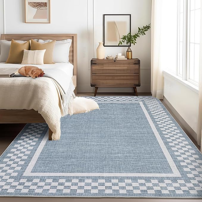 GarveeHome Washable Area Rug 4x6 Small Living Room Rugs Modern Bordered Soft Dining Room Throw Carpet Low Pile Non Slip Checkered Bedroom Rug Geometric Carpet for Nursery Kitchen Home Office, Blue