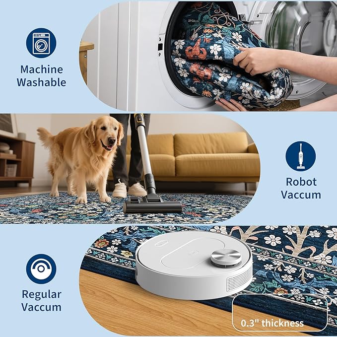 GarveeHome Washable Rug for Living Room, 9x12 Large Area Rug for Dining Room Under Table, Bedroom, Floral Soft Low Pile Non Slip Stain Resistant Carpet for Nursery, Playroom, Office, Dark Blue
