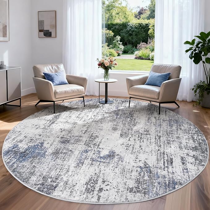 Area Rug Living Room Washable Rugs: 6x6 Modern Neutral Abstract Low Pile Non Slip Floor Carpet - Large Soft Thin Stain Resistant Rug for Bedroom Dining Indoor Office Home, Blue Grey