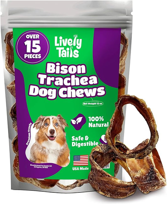 Trachea Dog Chews 15-Pack, 100% Bison Dog Treats, Natural Glucosamine & Chondroitin for Hip and Joint Support, Grain-Free, Rawhide-Free, Low-Fat Trachea for Dogs, 12 oz Bag