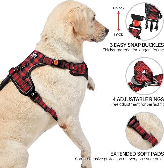 NESTROAD No Pull Dog Harness with Leash, Reflective No Choke Pet Vest Harness,Adjustable Soft Padded Dog Harness with Easy Control Handle for Large Dogs(Checkered Red,X-Large)