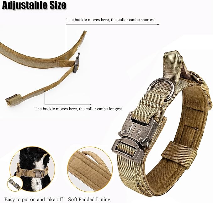 Tactical Dog Collar, Adjustable Military Training Nylon Dog Collar with Control Handle and Heavy Quick-Release Metal Buckle for Small Medium Large Dogs, Black M