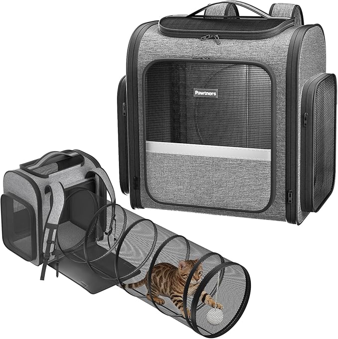 Cat Backpack with Detachable Play Tunnel, 2 in 1 Cat Tunnel Backpack Suitable for Carrying & Playing, Expandable Dog Backpack for Small Medium Kitten Puppy, Suitable for Travel Hiking Camping