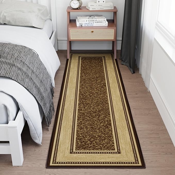 Ottomanson Hallway Runner Rug 1'10" x 6' Non Slip Border Area Rugs Easy to Clean Laundry Rug Runner Durable & Pet Friendly Floor Carpet Runners for Hallways Entryway Living Room Kitchen, Brown