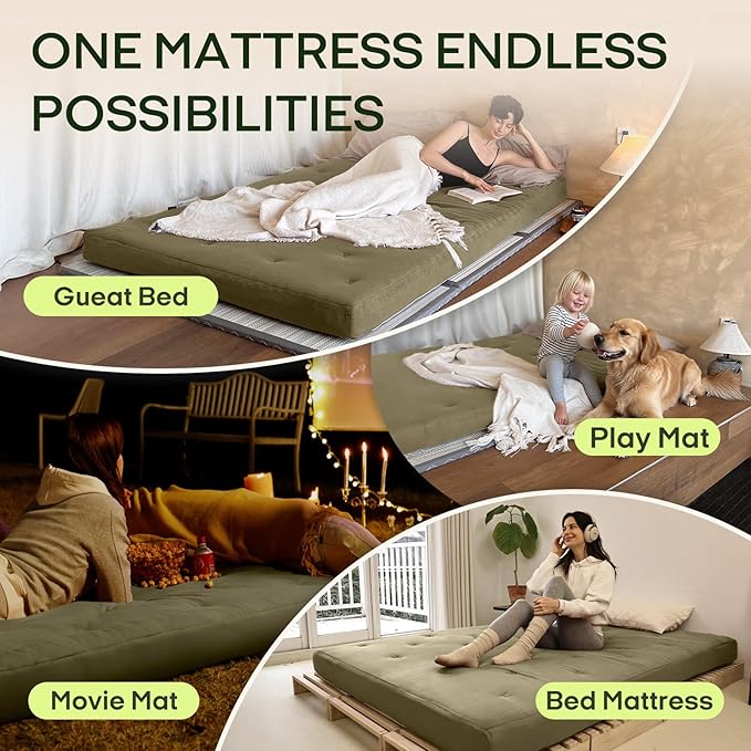 ZonLi Japanese Floor Futon Mattress Queen Size 60"x80"100%Cotton Cover 6''Thicken Tatami Mattress,Foldable Sleeping Pad,Portable Dormitory Tatami Mat,Roll Up Floor Lounger Bed for Adult (Winter Moss)