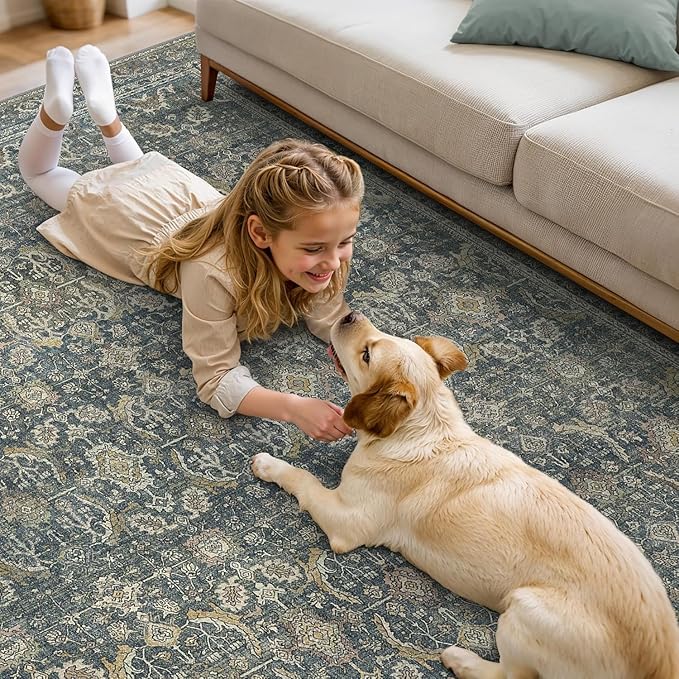 Bavni Washable Rugs 8x10 Area Rug for Living Room Bedroom, Washable Rug Vintage Print Carpet, Low Pile Lightweight Mat with Non Slip Backing,Deep