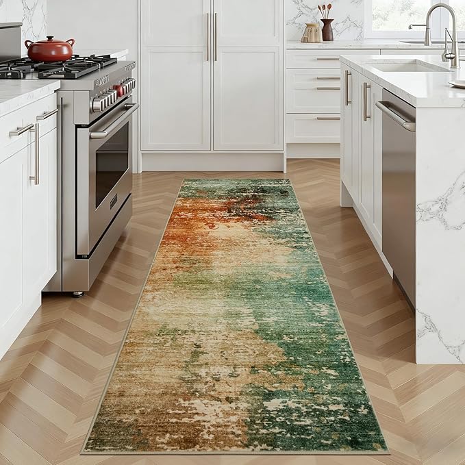 Joydeco 2x6 Washable Runner Rug for Hallway, Modern Abstract Non-Slip Soft Rugs, Low Pile Carpet for Entryway, Bedroom, Kitchen, Laundry, Green & Orange & White