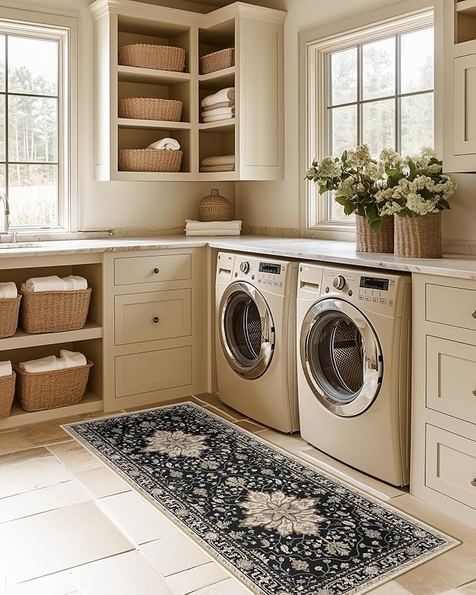 Area Rugs 2'x6' Runner Rug Non Slip Washable for Kitchen Hallway Bedroom Beside Laundry Room Bathroom Rug, Floor Carpet, Black Brown Neutral Dark Tan