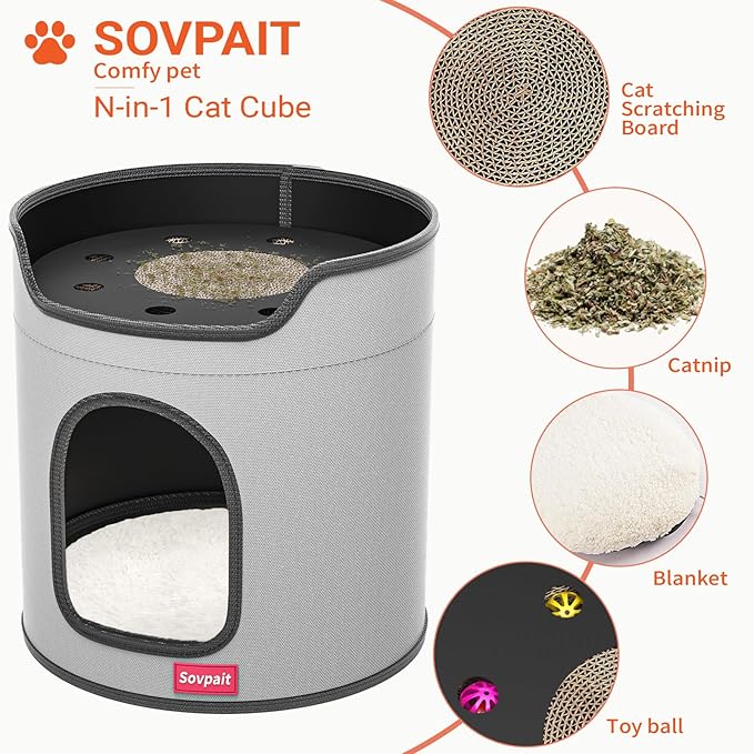Cat House for Indoor Cats Large Double Cat Beds Cave with Cat Scratcher Pad Toys w/Catnip,Soft Washable Cushion Cat House Shelter D15xH15in Grey (Cardboard Cat Scratcher)