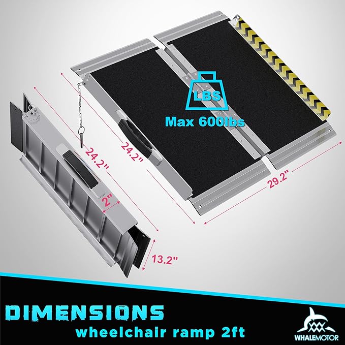 Portable Wheelchair Ramp 2FT, Anti-Slip Aluminum Folding Portable Ramp, Wheelchair Ramps for Home, Weight Capacity Up to 600 LBS, with Transition Plates Above and Below, Loading Dock Plates