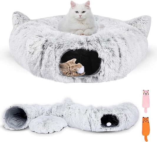 3-in-1 Cat Tunnel Bed Cave with Fun Catnip Interactive Stimulating Kitten Toys for Indoor Bored Cats - Peekaboo Hideaway & Donut Tunnel - Foldable Cute Furry Fuzzy Bed - 32"