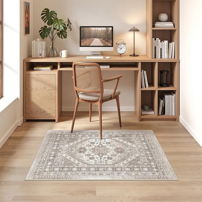 2x3 Entryway Rug Small Washable Kitchen Rugs Non Slip Front Door Rug Foldable Thin Carpet Low Pile Area Rug for Dining Room Entry Bedroom(Brown/Beige,2'x3')